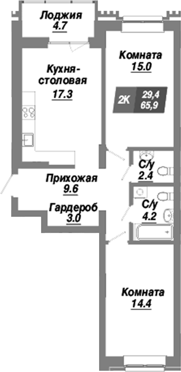 Планировка — Калининский квартал, 2-комн., 66 м²