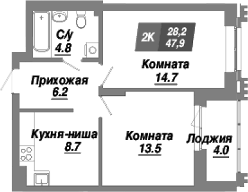 Планировка — Калининский квартал, 2-комн., 48 м²