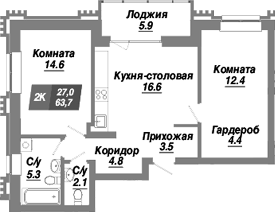 Планировка — Калининский квартал, 2-комн., 64 м²
