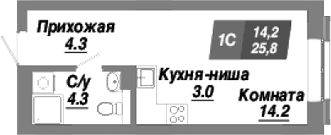 Планировка — Калининский квартал, Студия, 26 м²