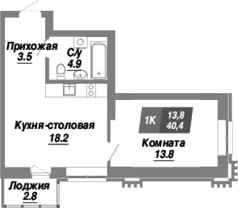 Планировка — Калининский квартал, 1-комн., 40 м²