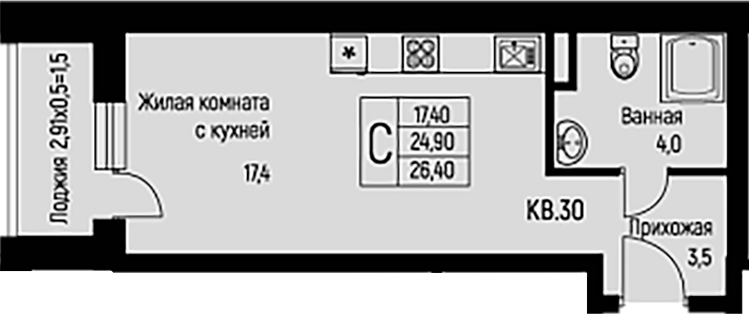 Планировка — Nova Vita, Студия, 25 м²