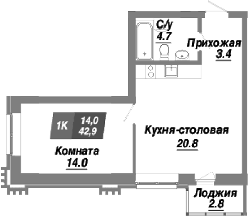 Планировка — Калининский квартал, 1-комн., 43 м²