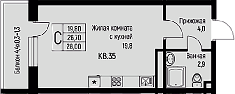 Планировка — Nova Vita, Студия, 27 м²