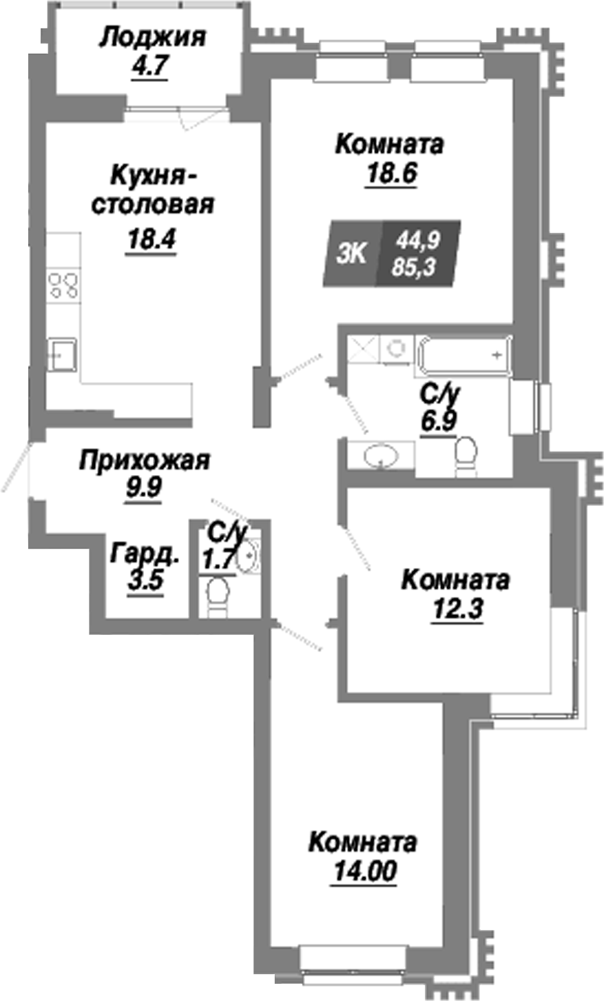 Планировка — Калининский квартал, 3-комн., 85 м²