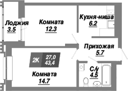 Планировка — Калининский квартал, 2-комн., 43 м²