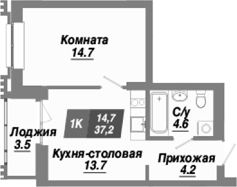 Планировка — Калининский квартал, 1-комн., 37 м²
