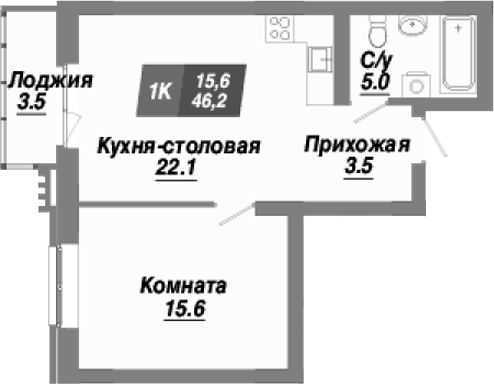 Планировка — Калининский квартал, 1-комн., 46 м²