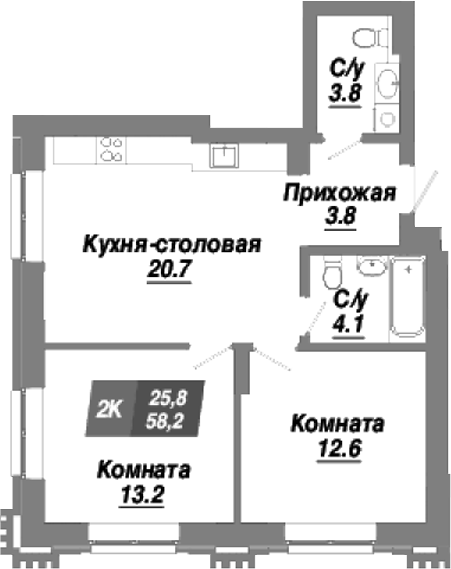 Планировка — Калининский квартал, 2-комн., 58 м²