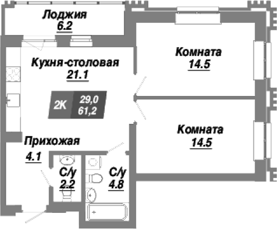 Планировка — Калининский квартал, 2-комн., 61 м²