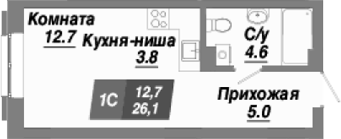 Планировка — Калининский квартал, Студия, 26 м²