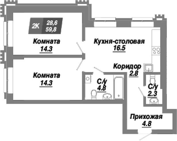 Планировка — Калининский квартал, 2-комн., 60 м²