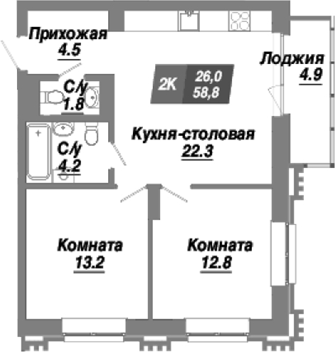Планировка — Калининский квартал, 2-комн., 59 м²