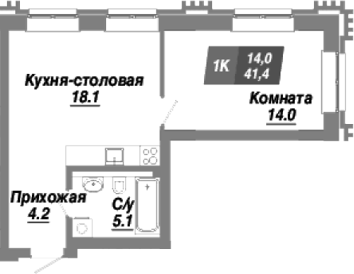 Планировка — Калининский квартал, 1-комн., 41 м²