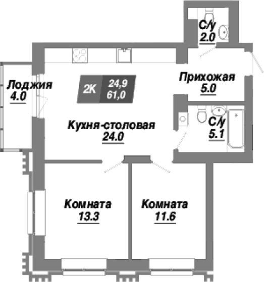 Планировка — Калининский квартал, 2-комн., 61 м²