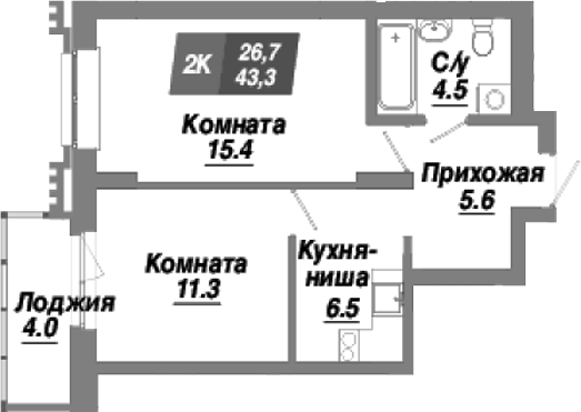 Планировка — Калининский квартал, 2-комн., 43 м²