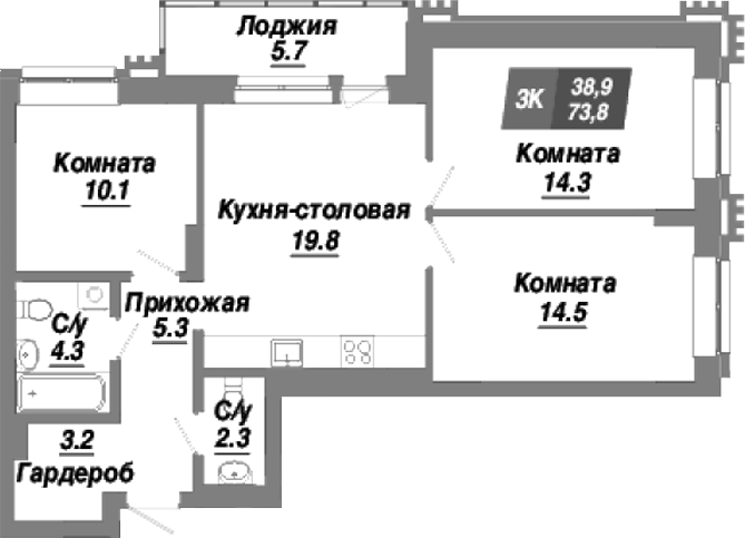 Планировка — Калининский квартал, 3-комн., 74 м²
