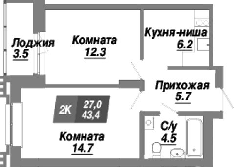 Планировка — Калининский квартал, 2-комн., 43 м²