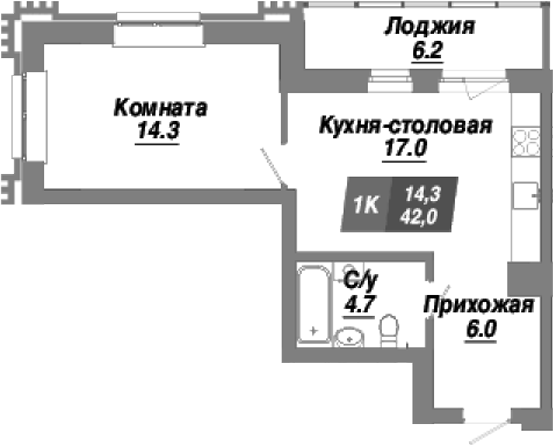 Планировка — Калининский квартал, 1-комн., 42 м²
