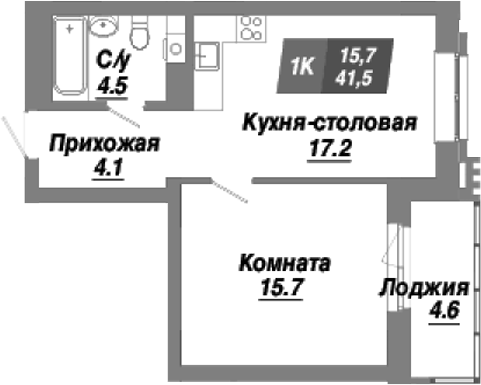 Планировка — Калининский квартал, 1-комн., 42 м²