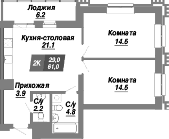 Планировка — Калининский квартал, 2-комн., 61 м²