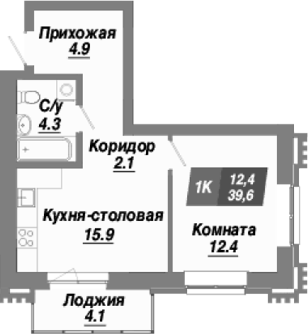 Планировка — Калининский квартал, 1-комн., 40 м²
