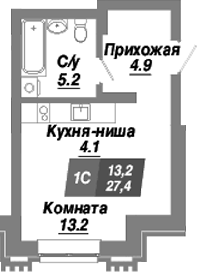 Планировка — Калининский квартал, Студия, 27 м²