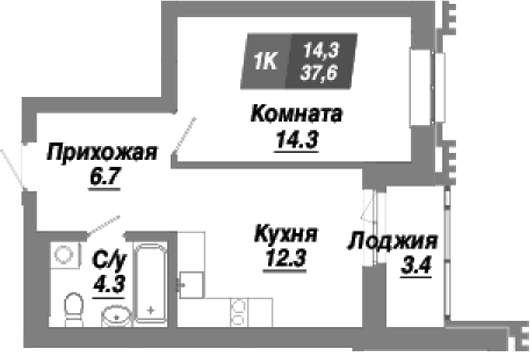 Планировка — Калининский квартал, 1-комн., 38 м²