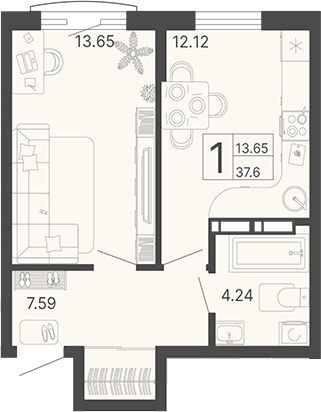 Планировка — Светский лес, 1-комн., 38 м²