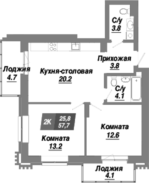 Планировка — Калининский квартал, 2-комн., 58 м²
