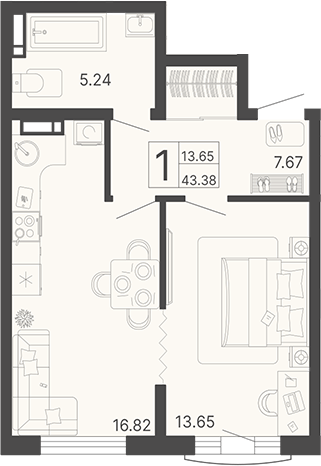 Планировка — Светский лес, 1-комн., 43 м²