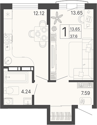 Планировка — Светский лес, 1-комн., 38 м²