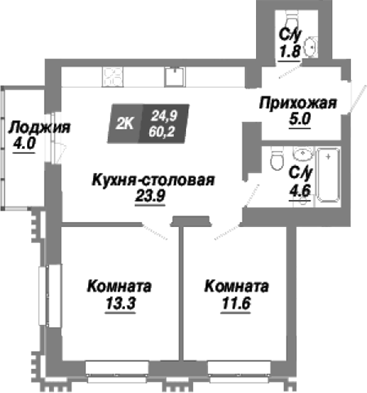 Планировка — Калининский квартал, 2-комн., 60 м²