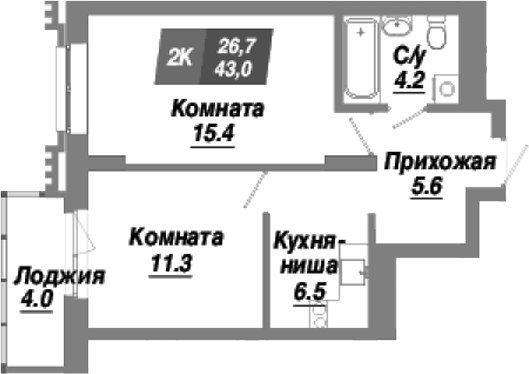 Планировка — Калининский квартал, 2-комн., 43 м²