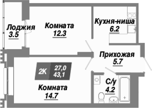 Планировка — Калининский квартал, 2-комн., 43 м²