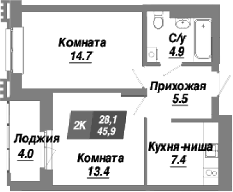 Планировка — Калининский квартал, 2-комн., 46 м²