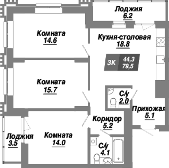Планировка — Калининский квартал, 3-комн., 80 м²
