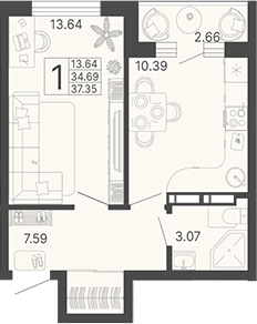 Планировка — Светский лес, 1-комн., 33 м²