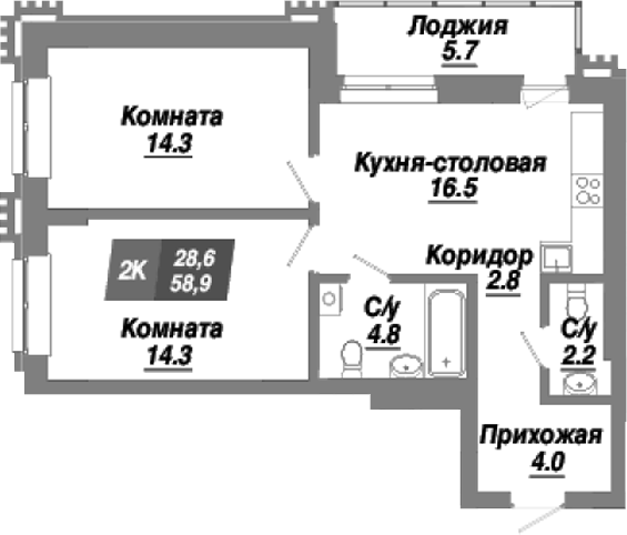 Планировка — Калининский квартал, 2-комн., 59 м²