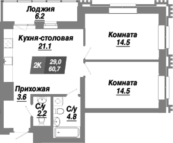 Планировка — Калининский квартал, 2-комн., 61 м²