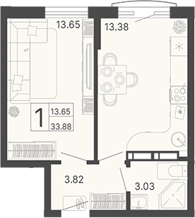 Планировка — Светский лес, 1-комн., 34 м²