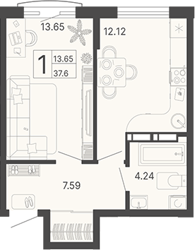 Планировка — Светский лес, 1-комн., 38 м²