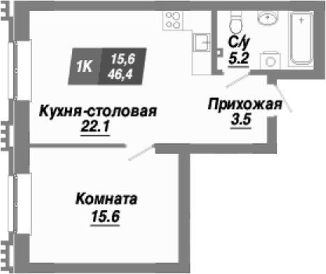 Планировка — Калининский квартал, 1-комн., 46 м²