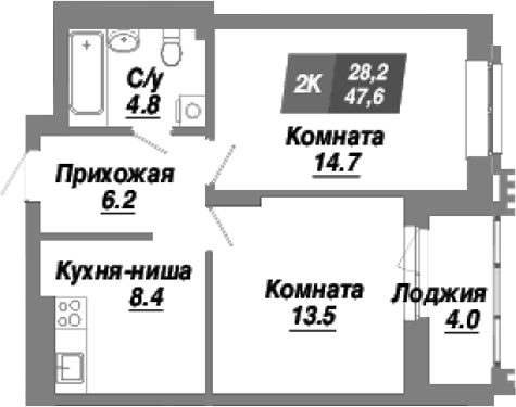 Планировка — Калининский квартал, 2-комн., 48 м²
