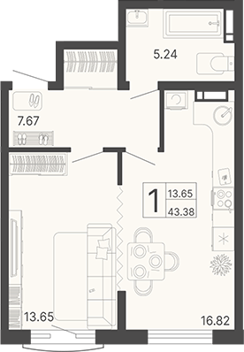 Планировка — Светский лес, 1-комн., 43 м²