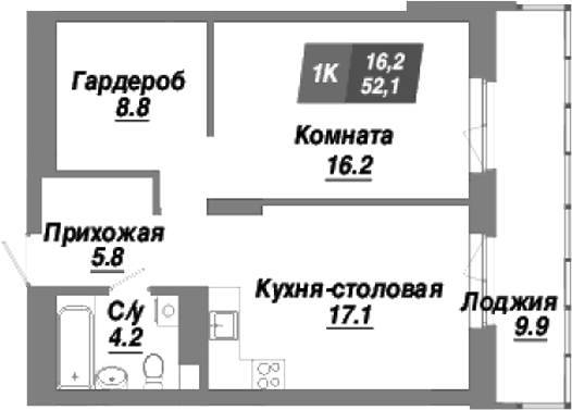 Планировка — Калининский квартал, 1-комн., 52 м²