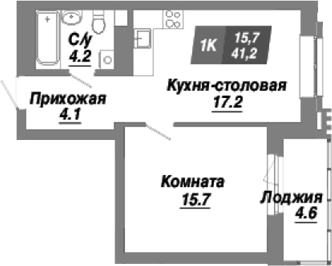 Планировка — Калининский квартал, 1-комн., 41 м²