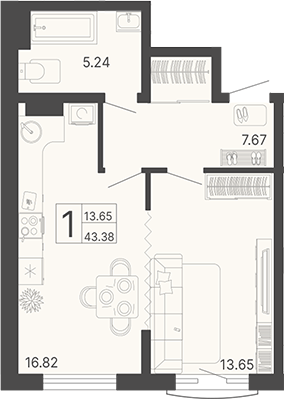 Планировка — Светский лес, 1-комн., 43 м²