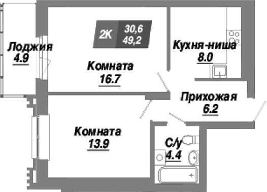 Планировка — Калининский квартал, 2-комн., 49 м²