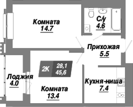Планировка — Калининский квартал, 2-комн., 46 м²